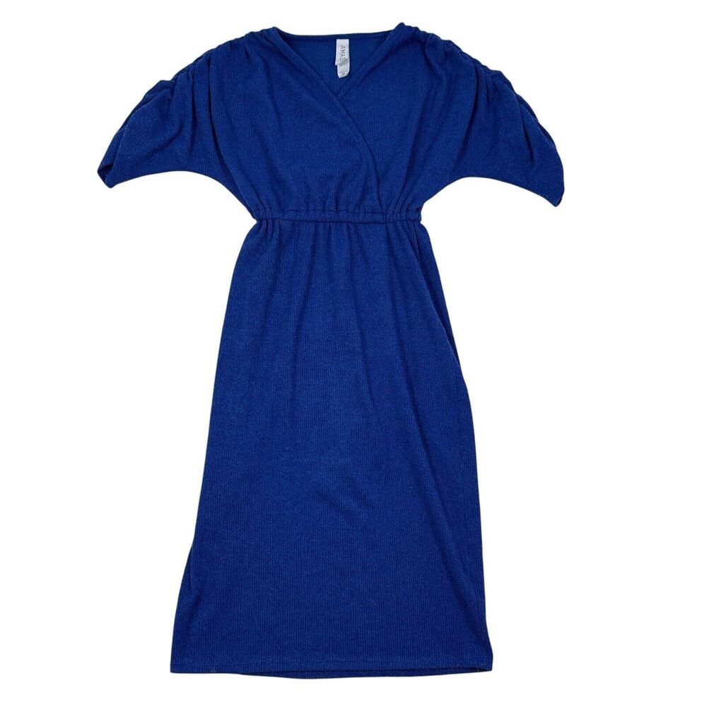 Anthropologie Amadi Robe Dress Size XS Blue Short A Line Wrap Neck Knit‎ Stretch